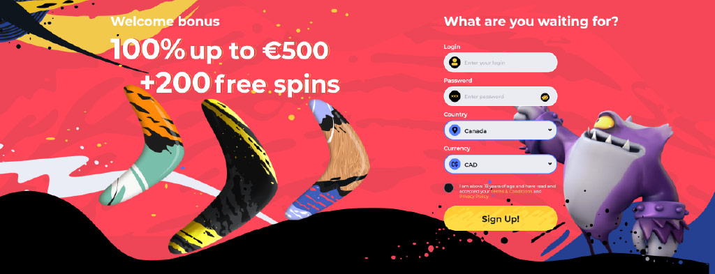 Get welcome bonuses pack upon registration at Boomerang Casino