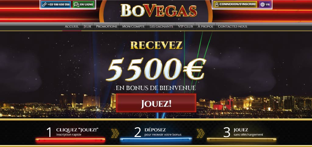 Page d'accueil du casino en ligne BoVegas