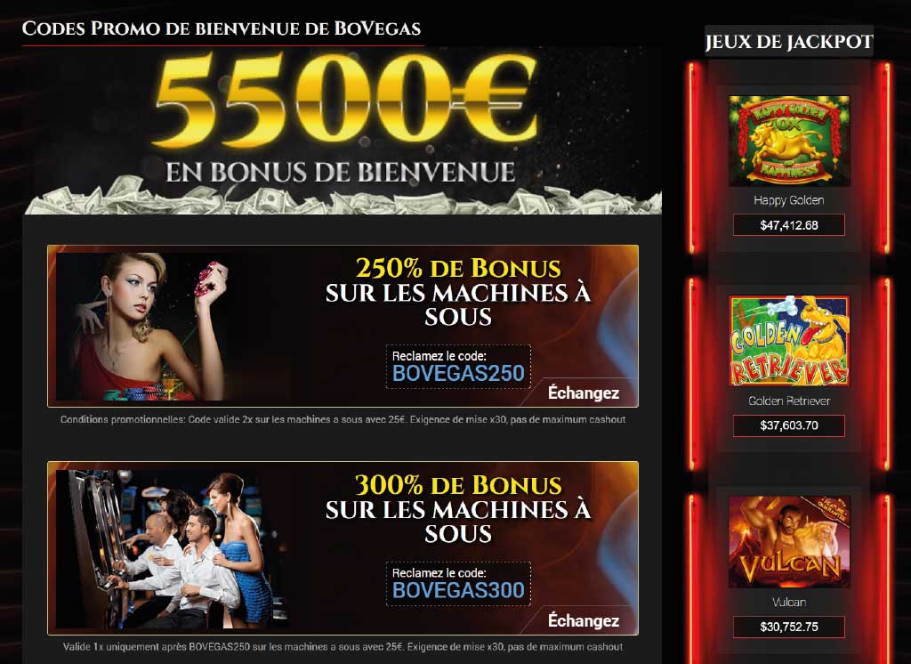 Bonus de bienvenue et codes promotionnels du casino BoVegas