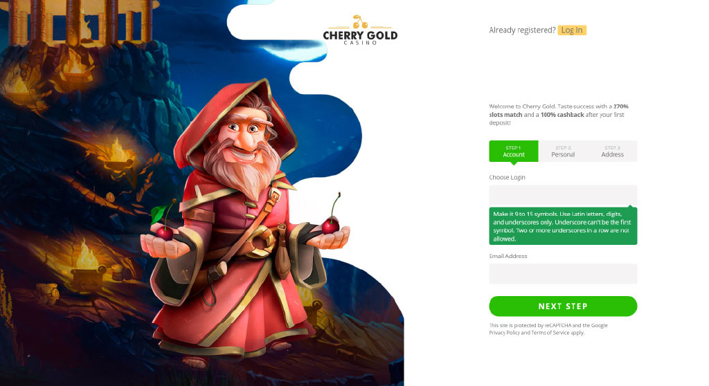 Register in Cherry Gold Casino